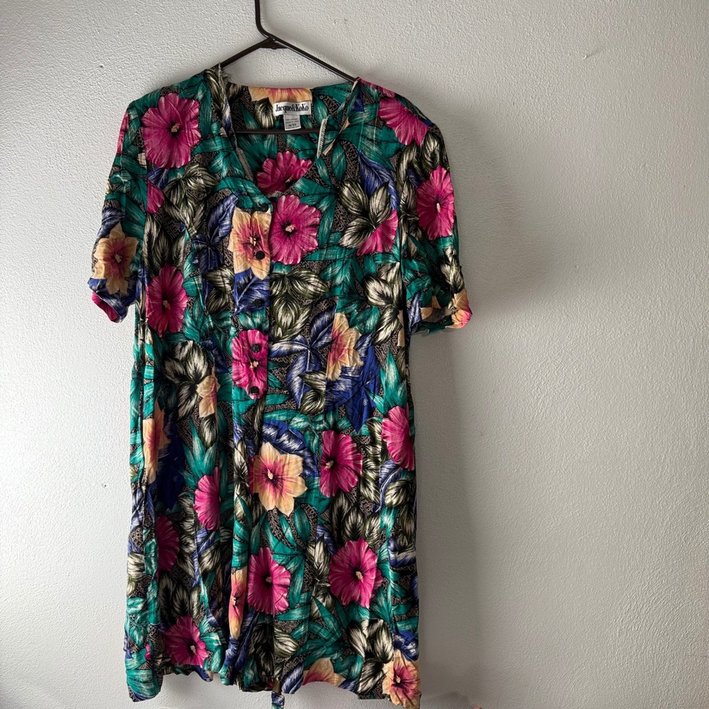 Jacque & Koko Vintage 90s Floral Romper Plus Size 18/20 Tropical Rayon Teal Pink - Picture 3 of 12